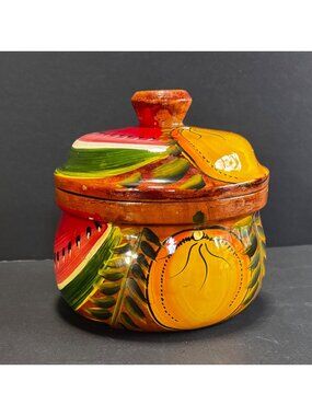 Handmade Artist Signed Mexican Wood Jar With Lid Puerto Vallarta Mexico VTG 80s